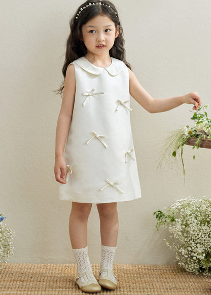 Robe longue blanche sans manches avec col Peter Pan et nœud pour enfants QV003