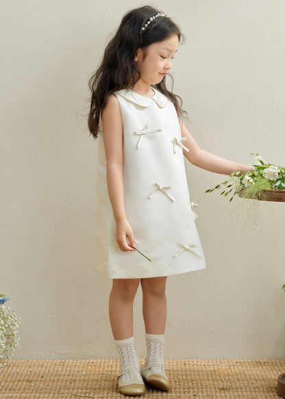 Robe longue blanche sans manches avec col Peter Pan et nœud pour enfants QV003