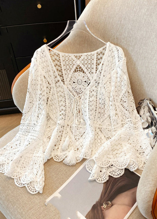 Hollow Lace Brief Shirt V White Out Neck Spring