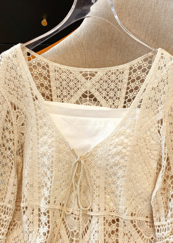 Hollow Lace Brief Shirt V White Out Neck Spring