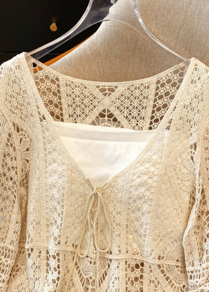 Hollow Lace Brief Shirt V White Out Neck Spring