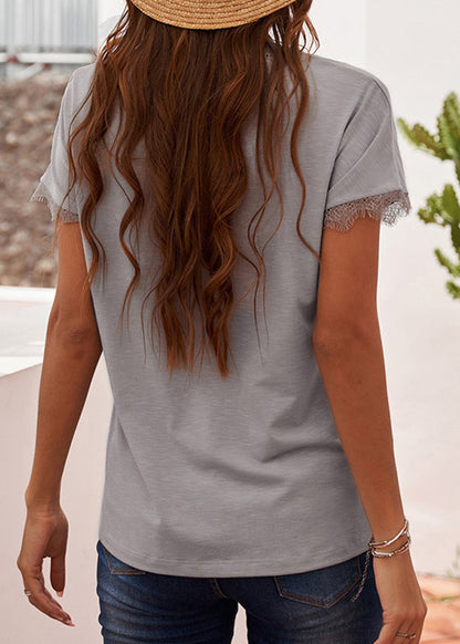 V Short Solid Brief Lace T Patchwork Neck Shirt White Sleeve