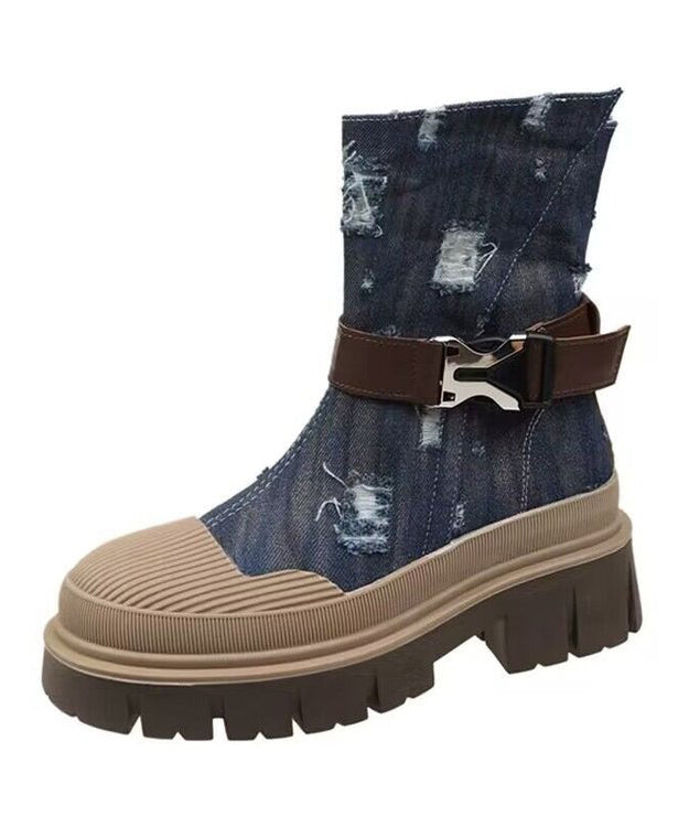 Bottes Martin en denim minces à plateforme bleu clair de style britannique pour femmes JJ049