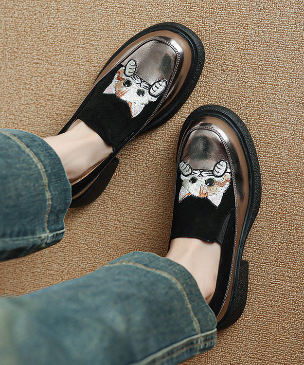 Loafer Cats Brown Chunky Splicing Embroidered Suede Shoes