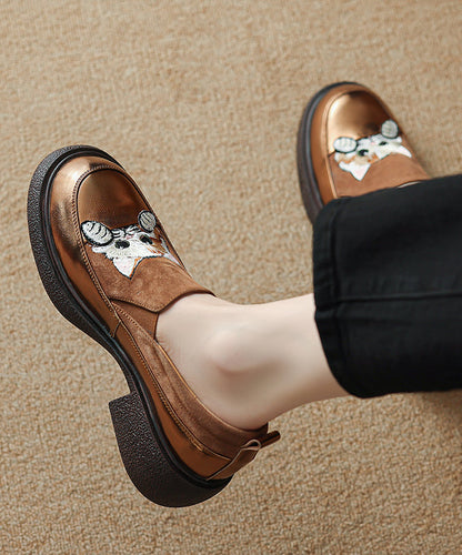 Loafer Cats Brown Chunky Splicing Embroidered Suede Shoes