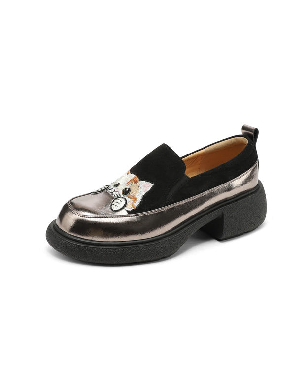 Loafer Cats Brown Chunky Splicing Embroidered Suede Shoes