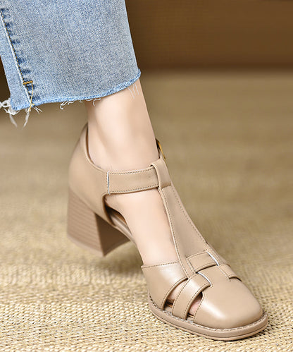 Fine Brown Leather Heel Cowhide Splicing Sandals Chunky