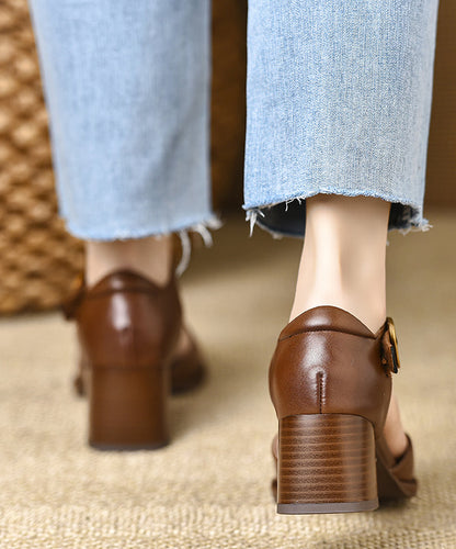 Fine Brown Leather Heel Cowhide Splicing Sandals Chunky