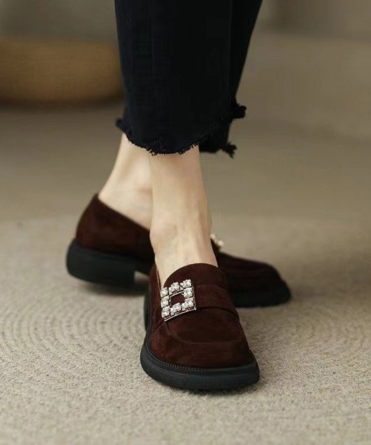 Brown Chunky Suede Casual Zircon Splicing Loafer Shoes TE019