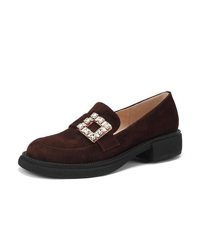 Brown Chunky Suede Casual Zircon Splicing Loafer Shoes TE019