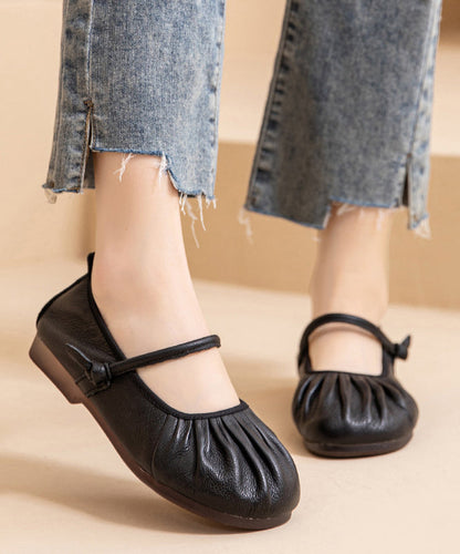 Wrinkled Splicing Cowhide Leather Comfy Women Shoes Flat Brown