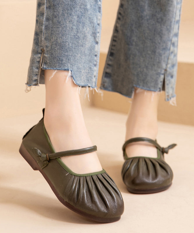 Wrinkled Splicing Cowhide Leather Comfy Women Shoes Flat Brown