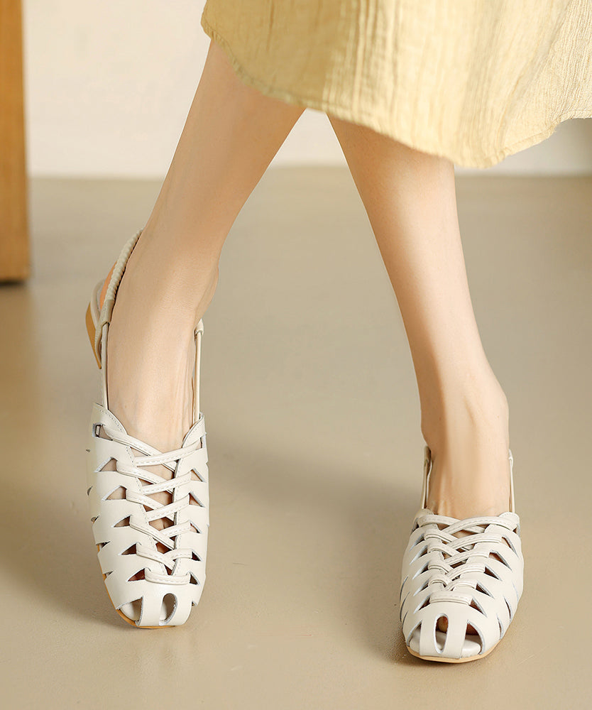 Brown Cowhide Leather Out Hollow Sandals Splicing Flat Breathable