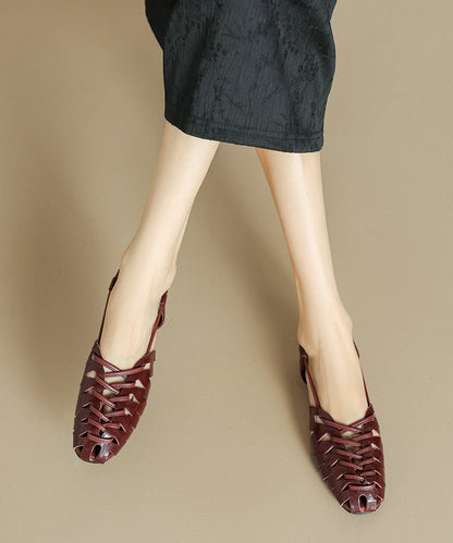 Brown Cowhide Leather Out Hollow Sandals Splicing Flat Breathable