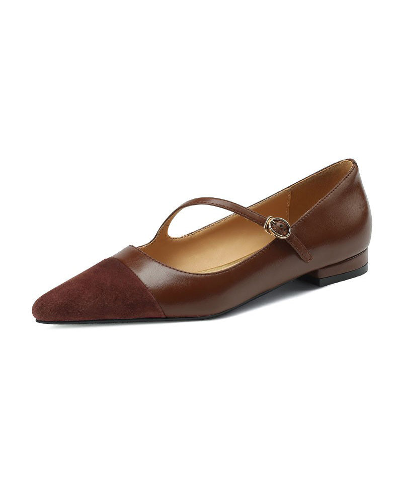 Toe Shoes Leather Splicing Pointed Flat Cowhide Brown French