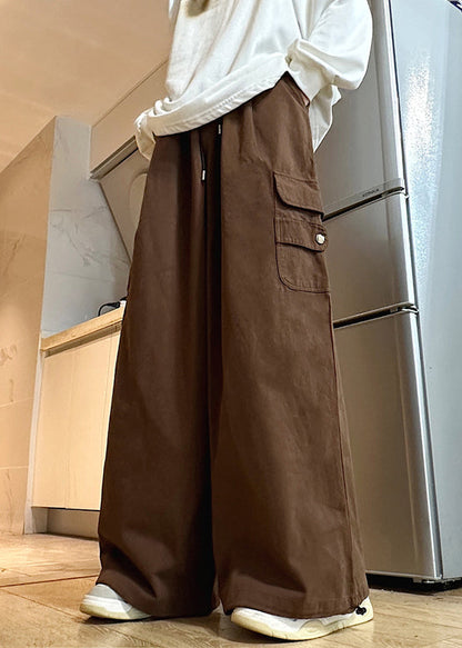Pants Wide Leg Elastic Cotton Brown Waist Mens Drawstring Solid