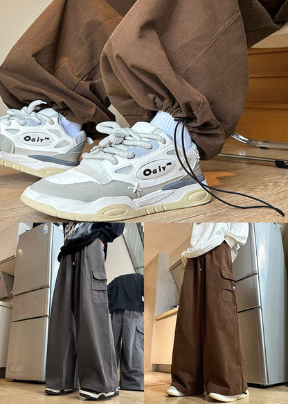 Pants Wide Leg Elastic Cotton Brown Waist Mens Drawstring Solid