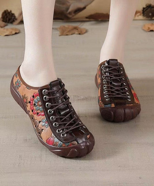 Strap Splicing Embossed Brown Shoes Cowhide Flat Leather Cross