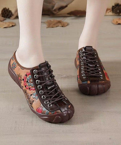 Strap Cowhide Shoes Embossed Flat Splicing Cross Brown Leather