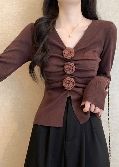 Brown Floral Knit Pullover Side Open Spring TM031