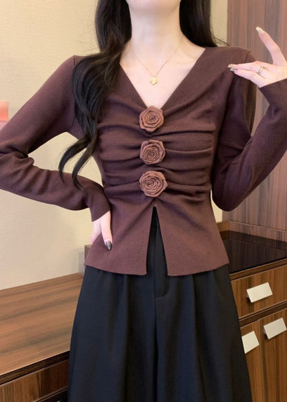 Brown Floral Knit Pullover Side Open Spring TM031