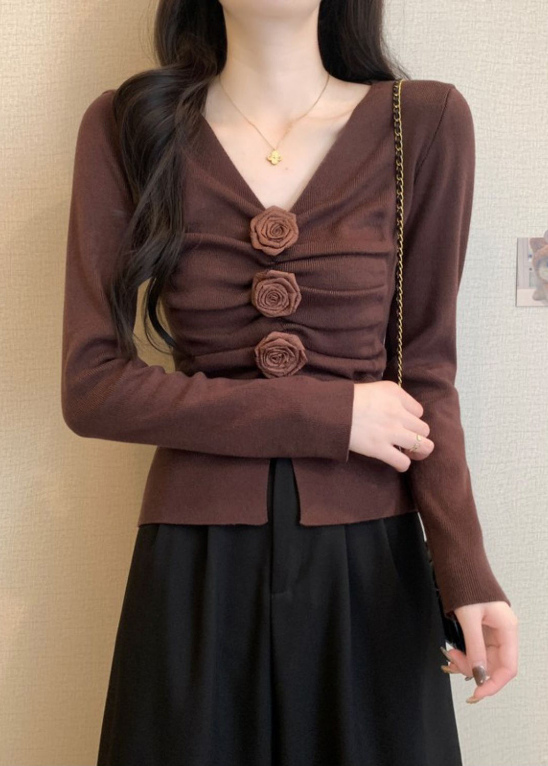 Brown Floral Knit Pullover Side Open Spring TM031