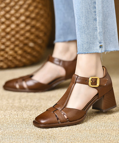 Hollow Cowhide Leather Out Splicing Chic Brown Chunky Sandals
