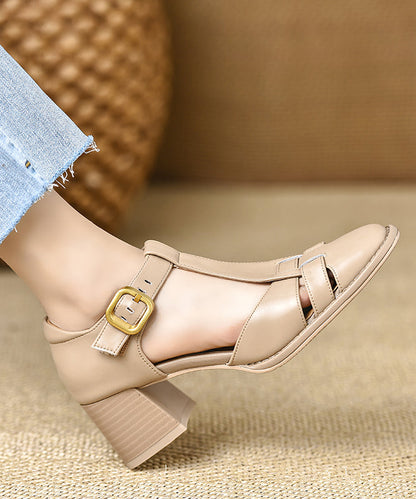 Hollow Cowhide Leather Out Splicing Chic Brown Chunky Sandals