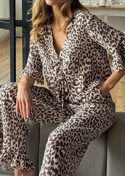 Lace Brown Sleeve Sets Cotton Print Flare Up Pajama Leopard