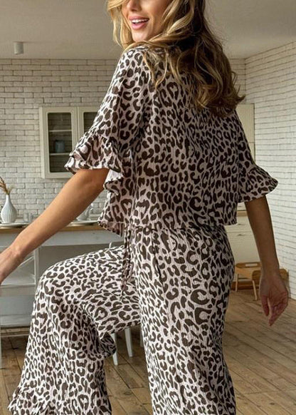 Lace Brown Sleeve Sets Cotton Print Flare Up Pajama Leopard