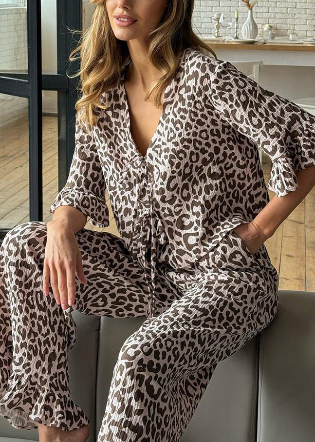 Lace Brown Sleeve Sets Cotton Print Flare Up Pajama Leopard