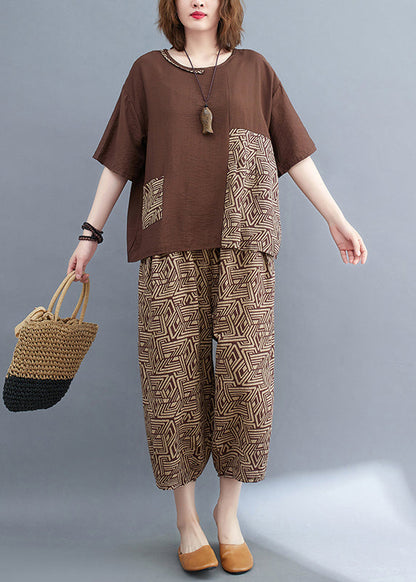 Two Print Summer Patchwork Set Brown Cotton Piece Asymmetrical