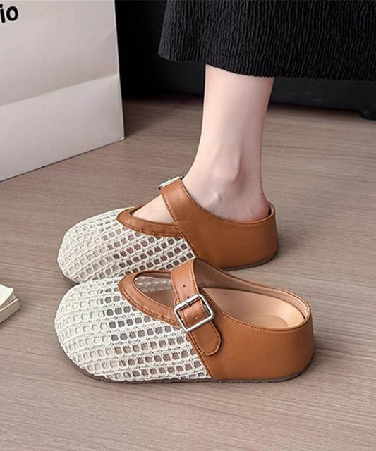 Faux Splicing Platform Brown Leather Fashion Slide Sandals