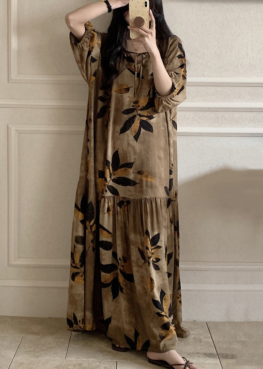 Summer Up Lace Pajamas Cotton Dress Maxi Prin Neck O Brown