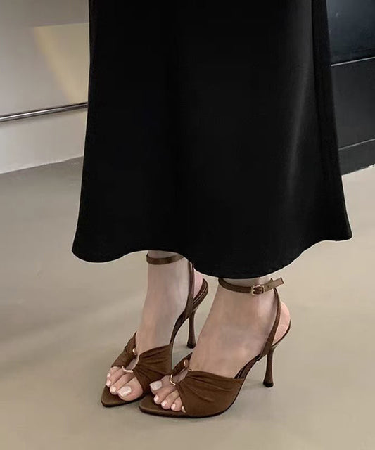 Peep Satin Sandals Brown Stiletto Splicing Toe Chic