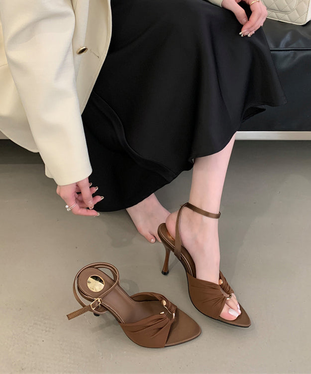 Peep Satin Sandals Brown Stiletto Splicing Toe Chic