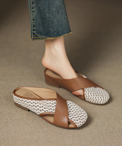 New Slide Sheepskin Sandals Breathable Brown Splicing Mesh