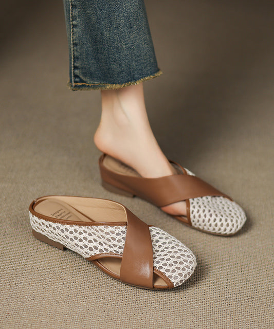 New Slide Sheepskin Sandals Breathable Brown Splicing Mesh