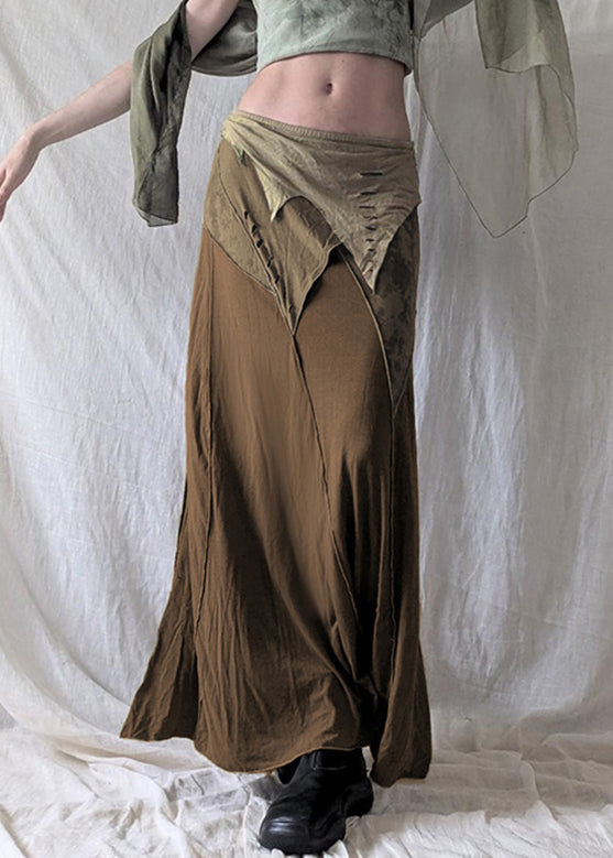 Open Waist Patchwork Elastic Skirt Side Brown Cotton Summer