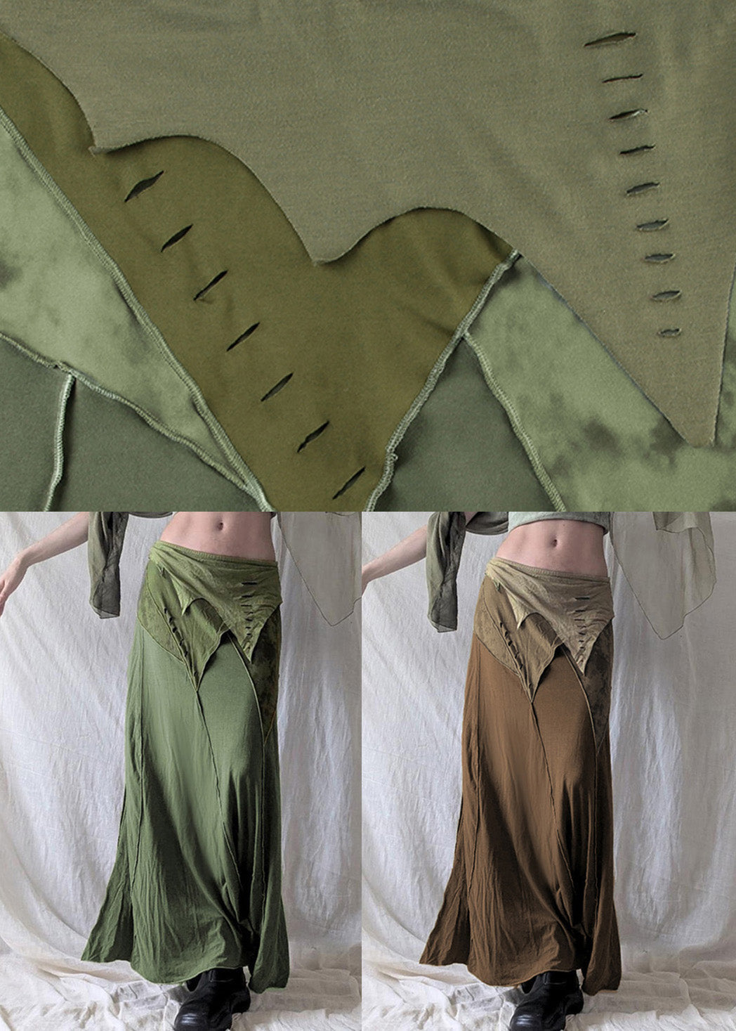Open Waist Patchwork Elastic Skirt Side Brown Cotton Summer