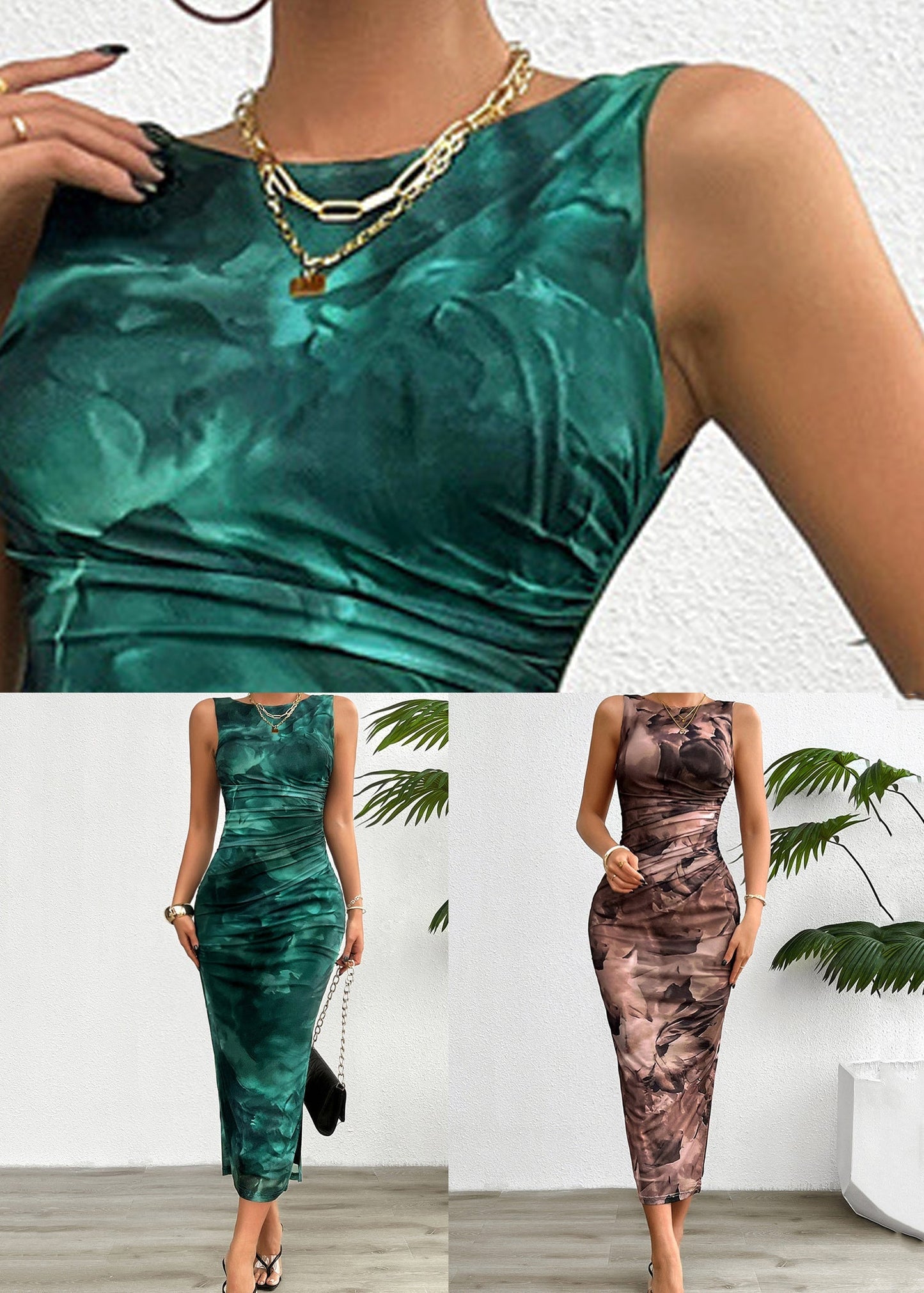 Side Long O Summer Dress Tulle Open Neck Brown