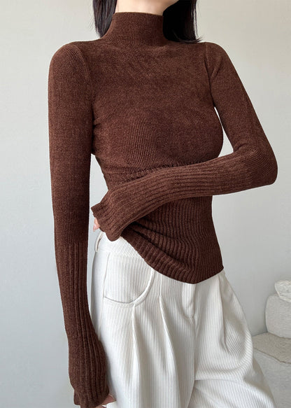 Brown Silm Fit Knit Sweater High Neck Spring YP027