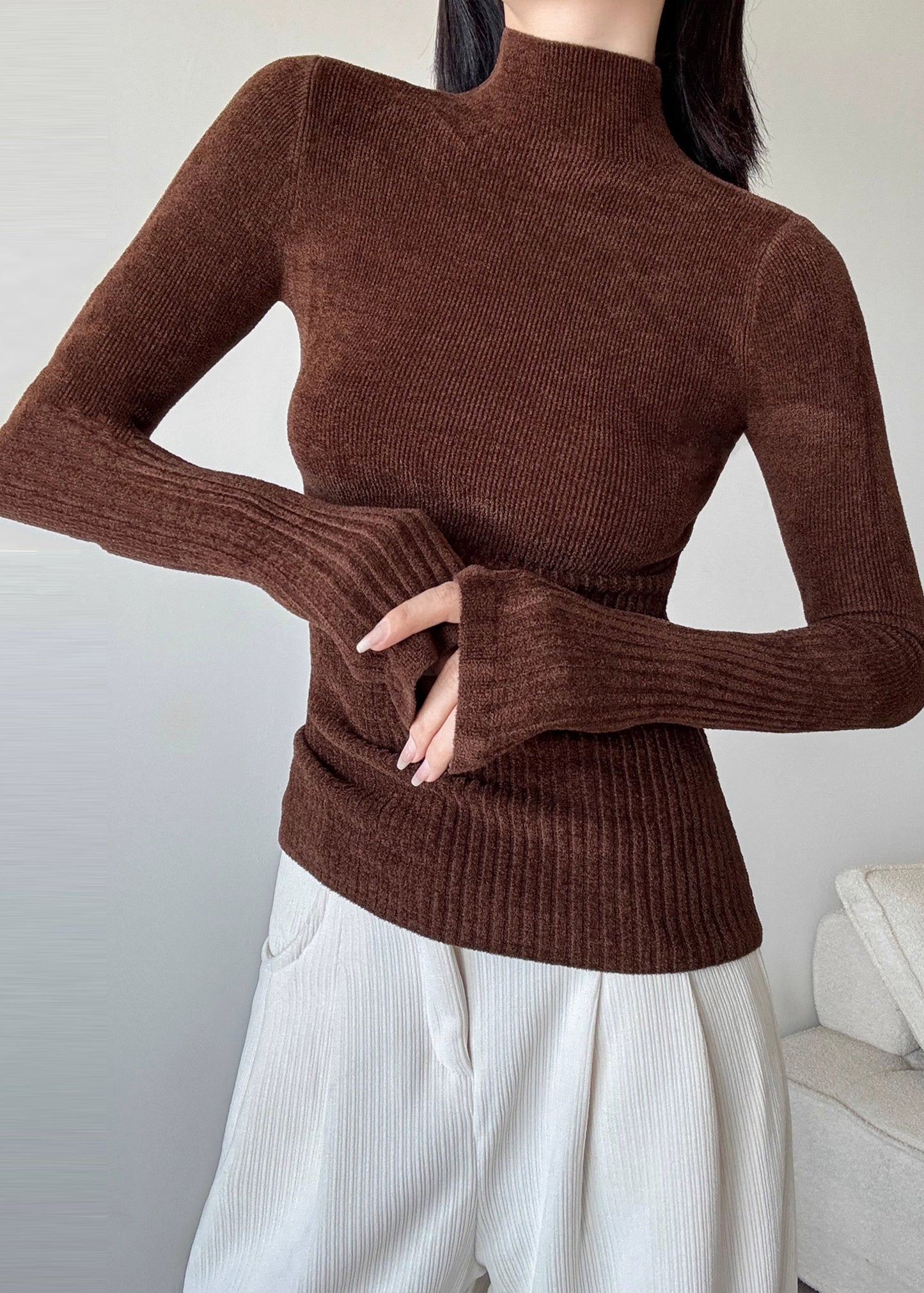 Brown Silm Fit Knit Sweater High Neck Spring YP027