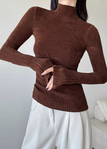 Brown Silm Fit Knit Sweater High Neck Spring YP027
