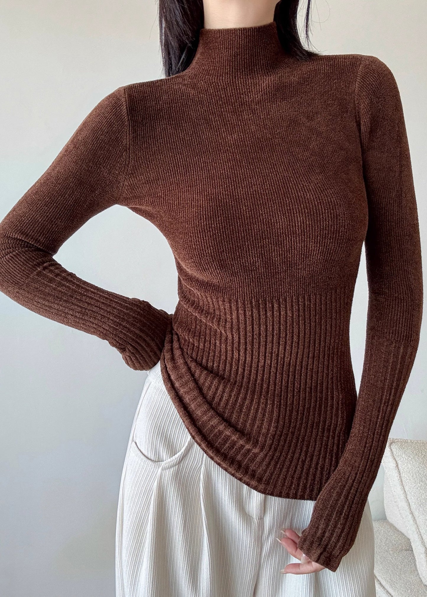 Brown Silm Fit Knit Sweater High Neck Spring YP027