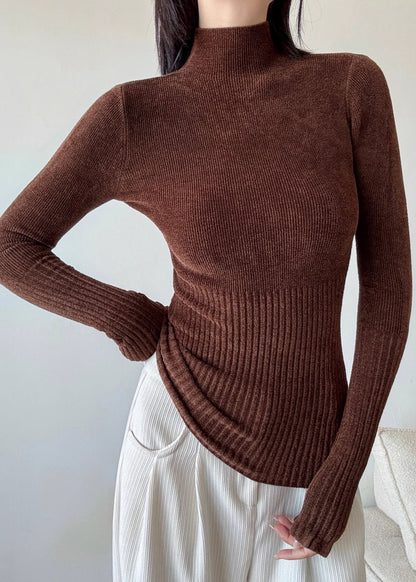 Brown Silm Fit Knit Sweater High Neck Spring YP027