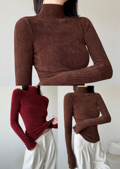 Brown Silm Fit Knit Sweater High Neck Spring YP027