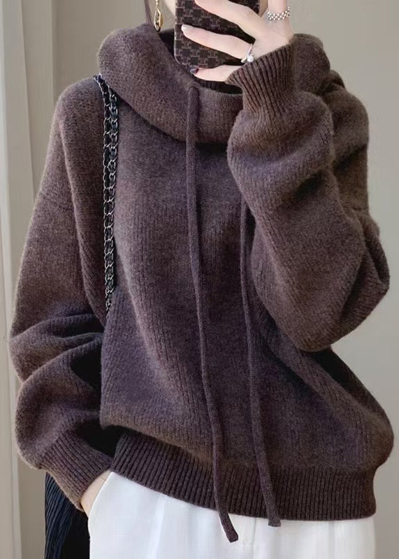 Hooded Knit Spring Cozy Sweater Brown Wool Solid