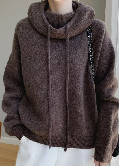 Hooded Knit Spring Cozy Sweater Brown Wool Solid