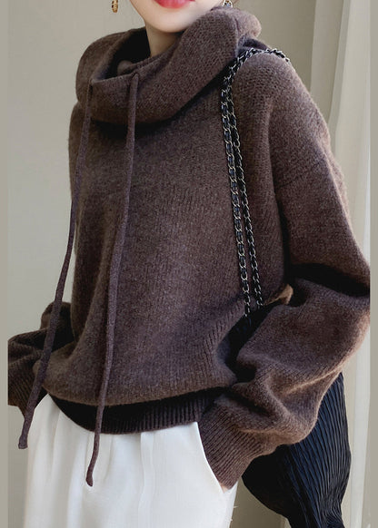 Hooded Knit Spring Cozy Sweater Brown Wool Solid